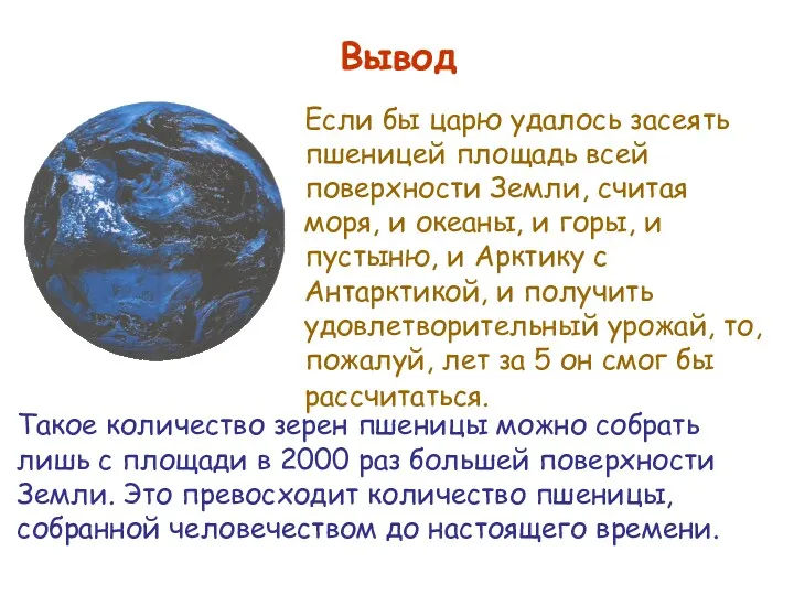 Вывод Если бы царю удалось засеять пшеницей площадь всей поверхности