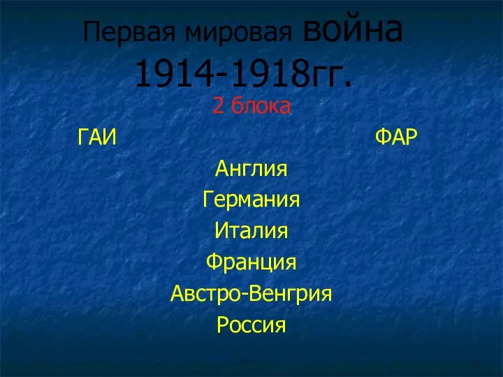 Первая мировая война 1914-1918гг. 2 блока ГАИ ФАР Англия Германия Италия Франция Австро-Венгрия Россия