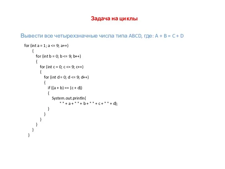 Задача на циклы Вывести все четырехзначные числа типа ABCD, где: