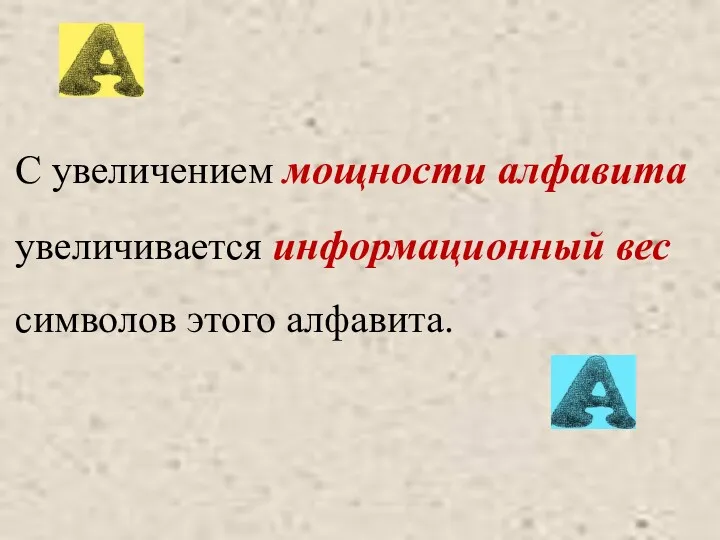 С увеличением мощности алфавита увеличивается информационный вес символов этого алфавита.