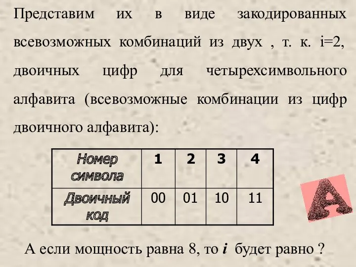 А если мощность равна 8, то i будет равно ?