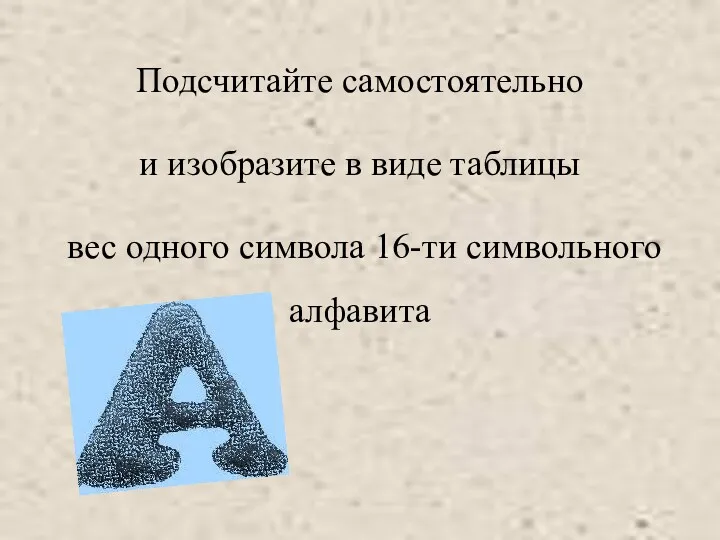 Подсчитайте самостоятельно и изобразите в виде таблицы вес одного символа 16-ти символьного алфавита