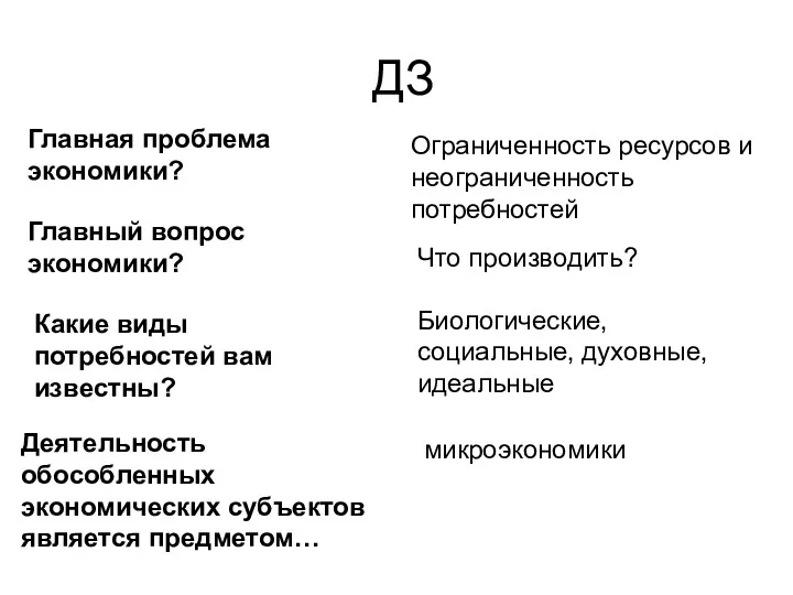 ДЗ Главная проблема экономики? Ограниченность ресурсов и неограниченность потребностей Главный