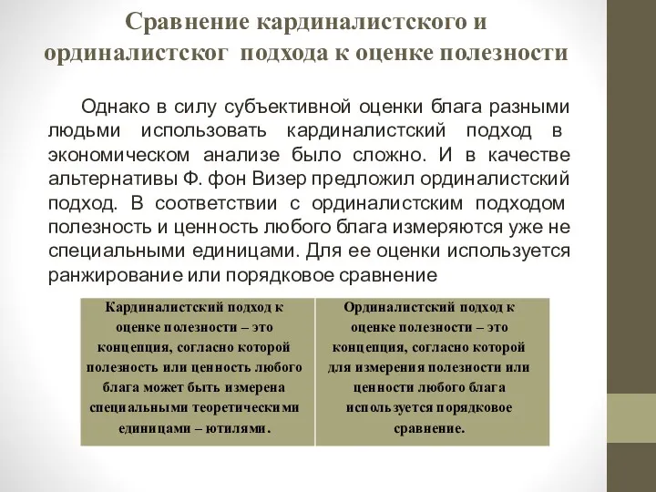 Сравнение кардиналистского и ординалистског подхода к оценке полезности Однако в