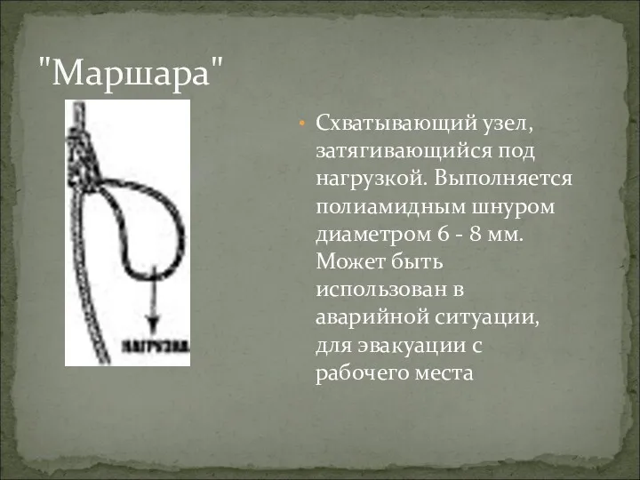 Схватывающий узел, затягивающийся под нагрузкой. Выполняется полиамидным шнуром диаметром 6