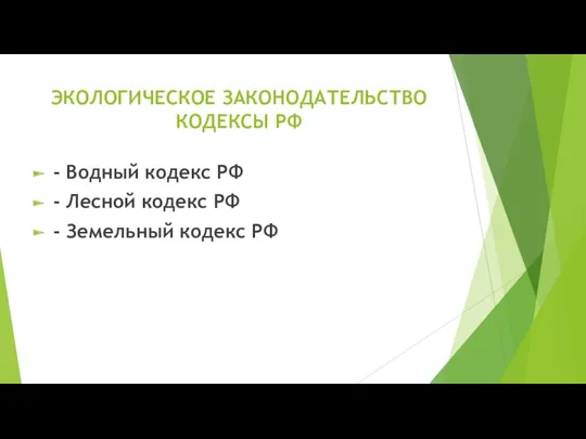 ЭКОЛОГИЧЕСКОЕ ЗАКОНОДАТЕЛЬСТВО КОДЕКСЫ РФ - Водный кодекс РФ - Лесной кодекс РФ - Земельный кодекс РФ