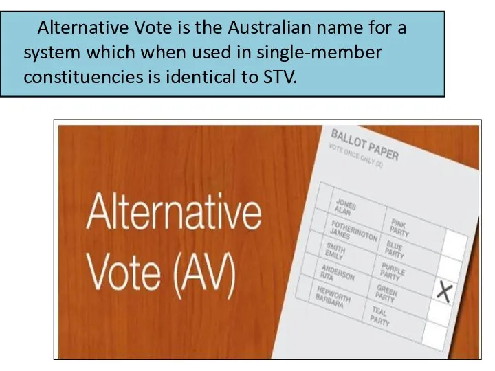 Alternative Vote is the Australian name for a system which