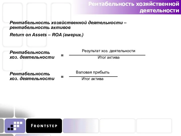 Рентабельность хозяйственной деятельности Рентабельность хозяйственной деятельности – рентабельность активов Return on Assets – ROA (америк.)