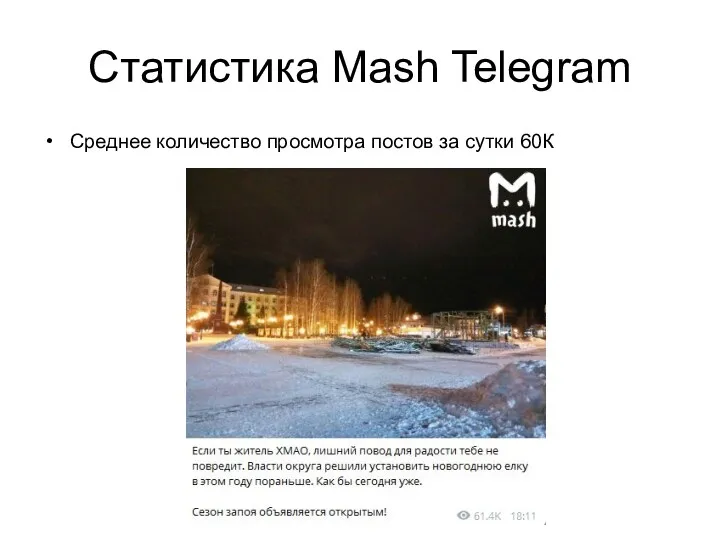 Статистика Mash Telegram Среднее количество просмотра постов за сутки 60К