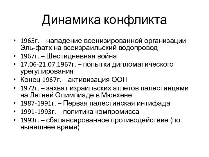 Динамика конфликта 1965г. – нападение военизированной организации Эль-фатх на всеизраильский