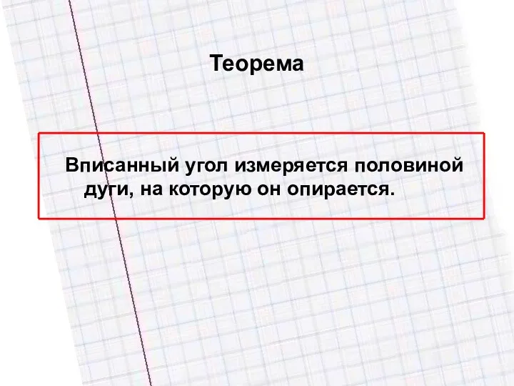 Теорема Вписанный угол измеряется половиной дуги, на которую он опирается.