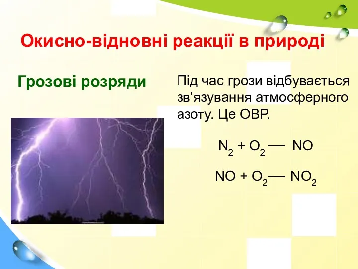 Окисно-відновні реакції в природі Грозові розряди