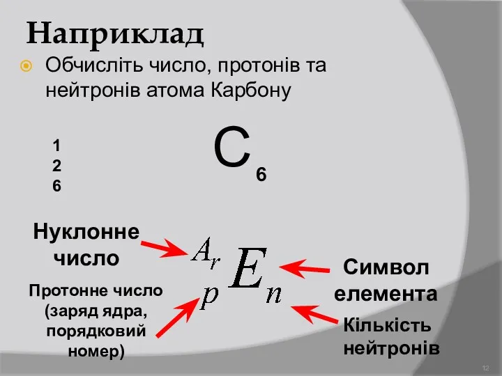 Наприклад Обчисліть число, протонів та нейтронів атома Карбону С 12