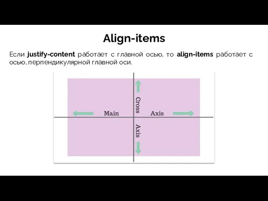 Align-items Если justify-content работает с главной осью, то align-items работает с осью, перпендикулярной главной оси.