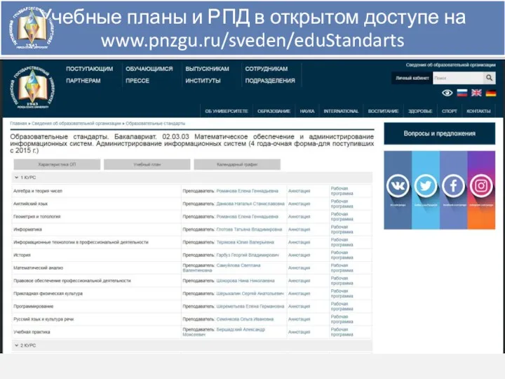 Учебные планы и РПД в открытом доступе на www.pnzgu.ru/sveden/eduStandarts