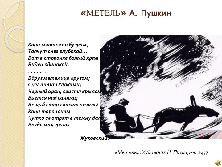 «МЕТЕЛЬ» А. Пушкин Кони мчатся по буграм, Топчут снег глубокой...