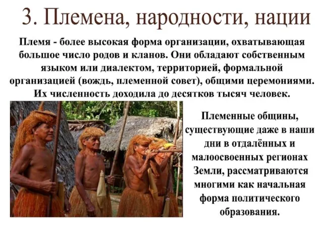 3. Племена, народности, нации Племя - более высокая форма организации, охватывающая большое число