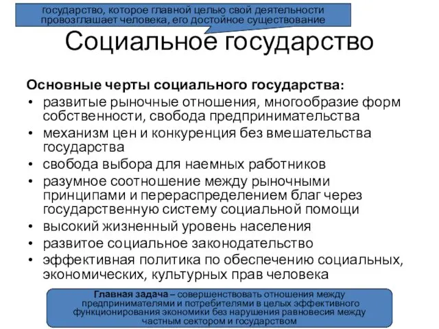 Социальное государство Основные черты социального государства: развитые рыночные отношения, многообразие форм собственности, свобода