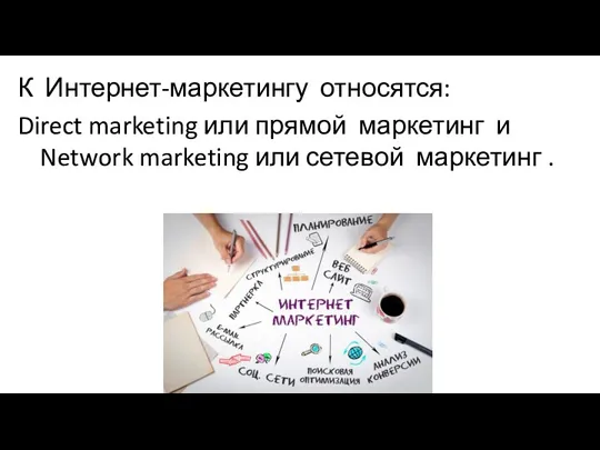 К Интернет-маркетингу относятся: Direct marketing или прямой маркетинг и Network marketing или сетевой маркетинг .