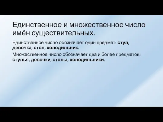 Единственное и множественное число имён существительных. Единственное число обозначает один