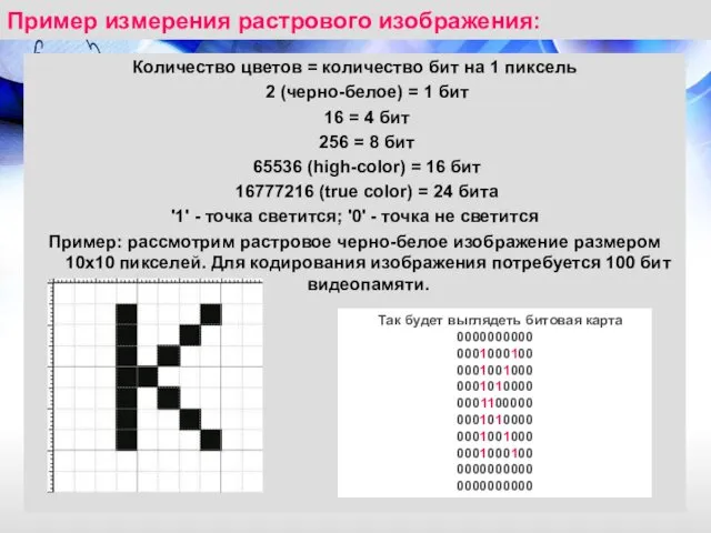 Пример измерения растрового изображения: Количество цветов = количество бит на