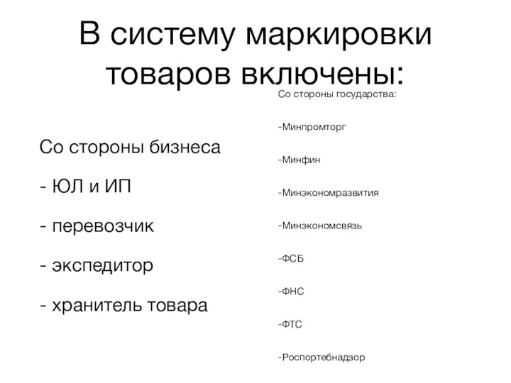 В систему маркировки товаров включены: Со стороны бизнеса - ЮЛ и ИП -