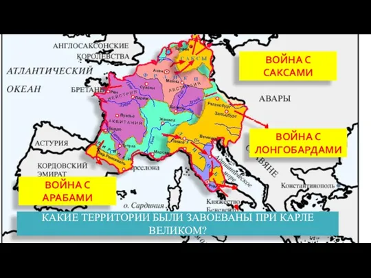 КАКИЕ ТЕРРИТОРИИ БЫЛИ ЗАВОЕВАНЫ ПРИ КАРЛЕ ВЕЛИКОМ? ВОЙНА С САКСАМИ ВОЙНА С ЛОНГОБАРДАМИ ВОЙНА С АРАБАМИ