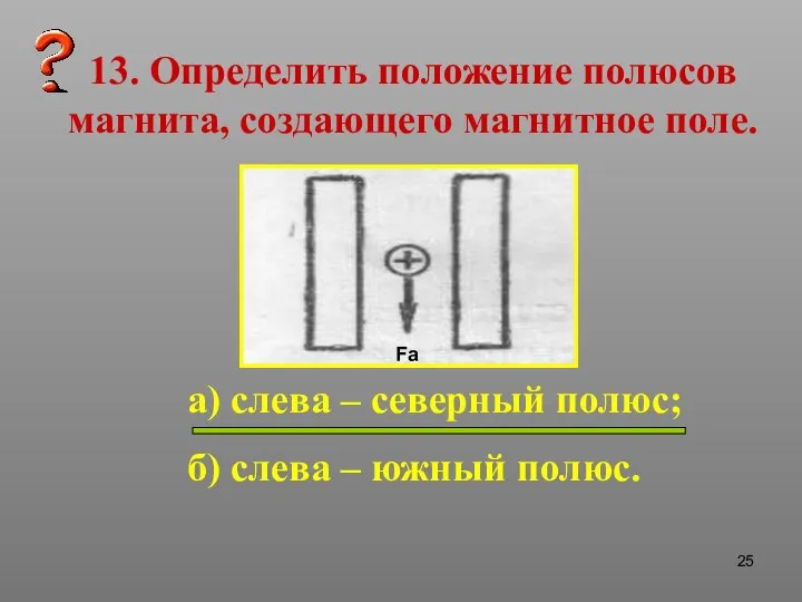 13. Определить положение полюсов магнита, создающего магнитное поле. а) слева