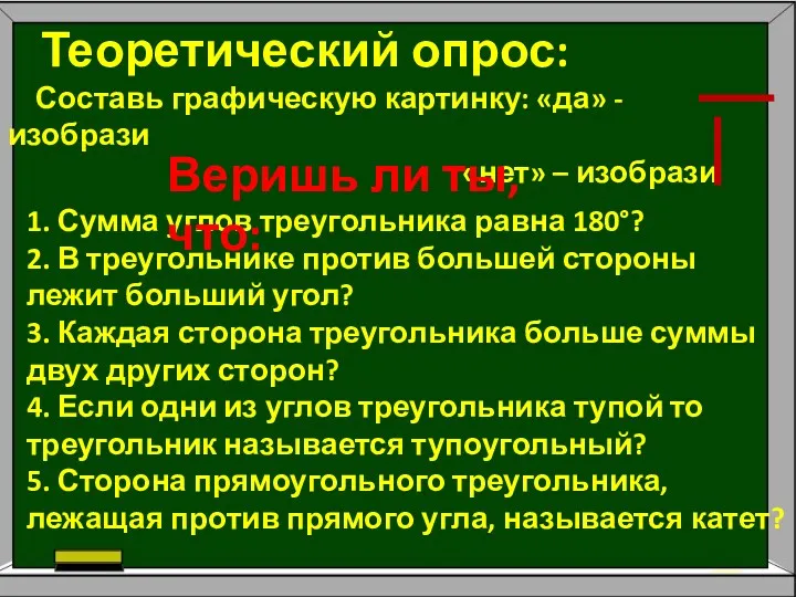 Теоретический опрос: Составь графическую картинку: «да» - изобрази «нет» –