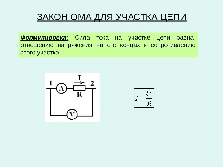 ЗАКОН ОМА ДЛЯ УЧАСТКА ЦЕПИ Формулировка: Сила тока на участке