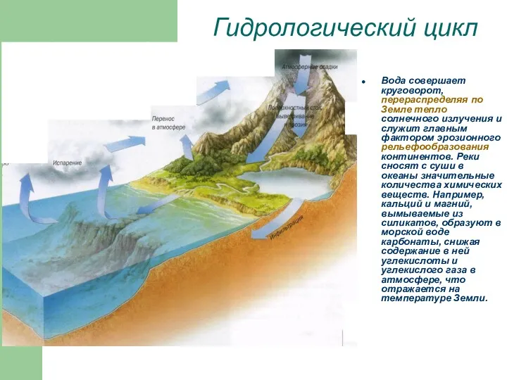 Гидрологический цикл Вода совершает круговорот, перераспределяя по Земле тепло солнечного