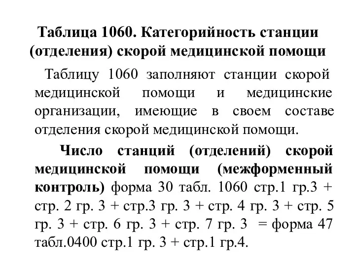 Таблица 1060. Категорийность станции (отделения) скорой медицинской помощи Таблицу 1060