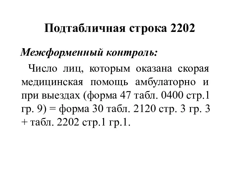 Подтабличная строка 2202 Межформенный контроль: Число лиц, которым оказана скорая
