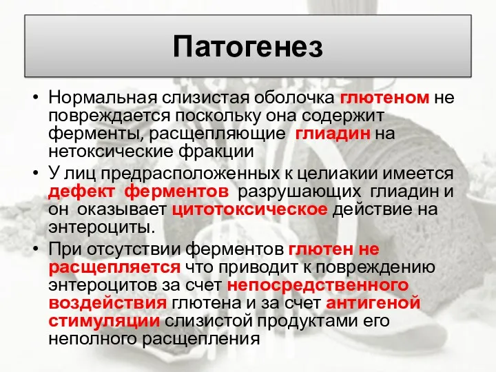 Патогенез Нормальная слизистая оболочка глютеном не повреждается поскольку она содержит