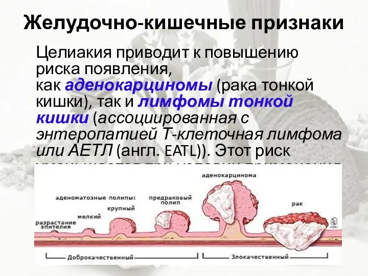 Желудочно-кишечные признаки Целиакия приводит к повышению риска появления, как аденокарциномы