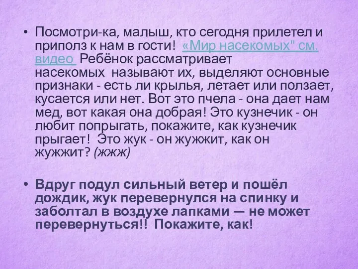 Посмотри-ка, малыш, кто сегодня прилетел и приполз к нам в гости! «Мир насекомых"