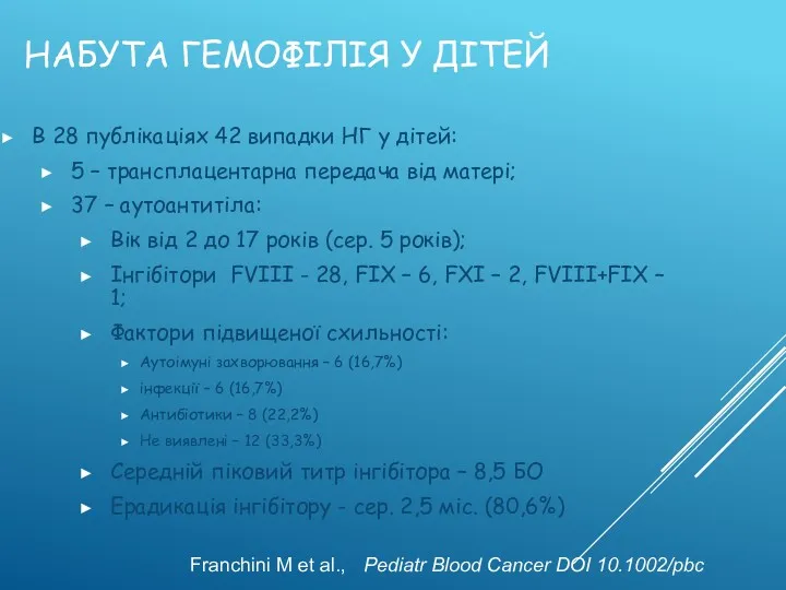 НАБУТА ГЕМОФІЛІЯ У ДІТЕЙ В 28 публікаціях 42 випадки НГ