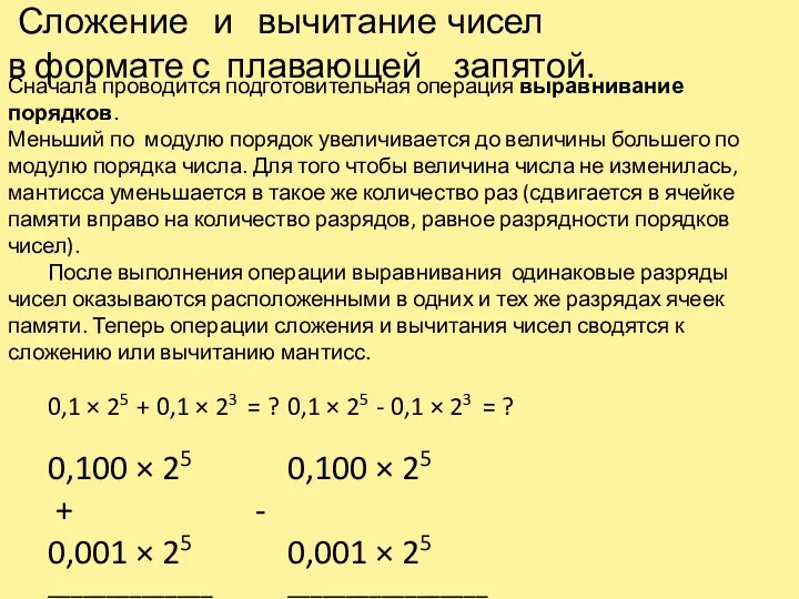 Сложение и вычитание чисел в формате с плавающей запятой. Сначала