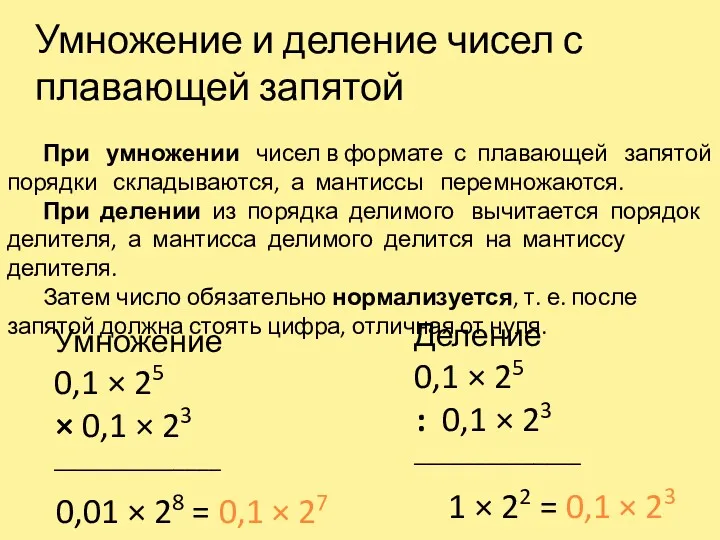 Умножение и деление чисел с плавающей запятой При умножении чисел