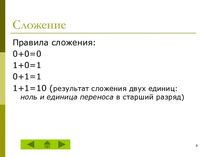 Сложение Правила сложения: 0+0=0 1+0=1 0+1=1 1+1=10 (результат сложения двух