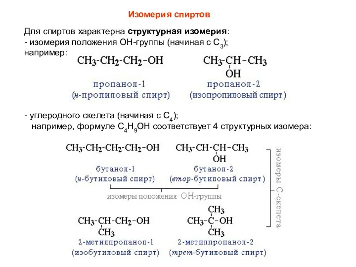 Изомерия спиртов Для спиртов характерна структурная изомерия: - изомерия положения