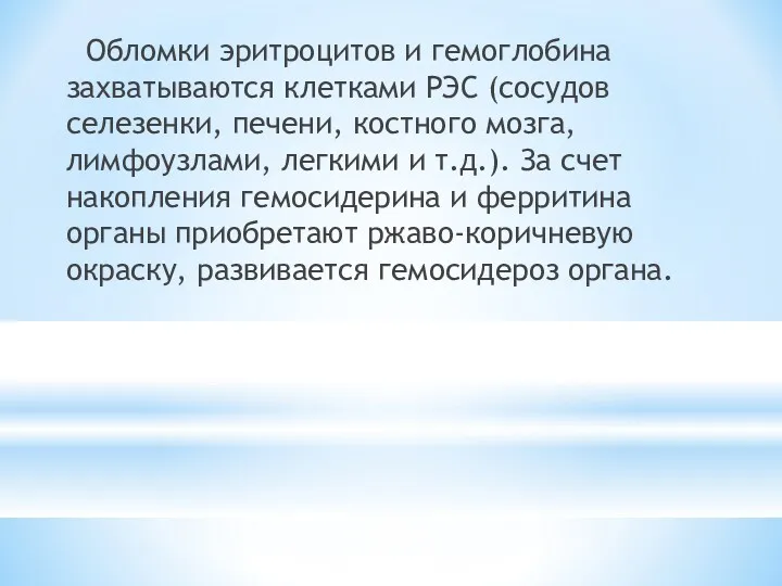 Обломки эритроцитов и гемоглобина захватываются клетками РЭС (сосудов селезенки, печени,