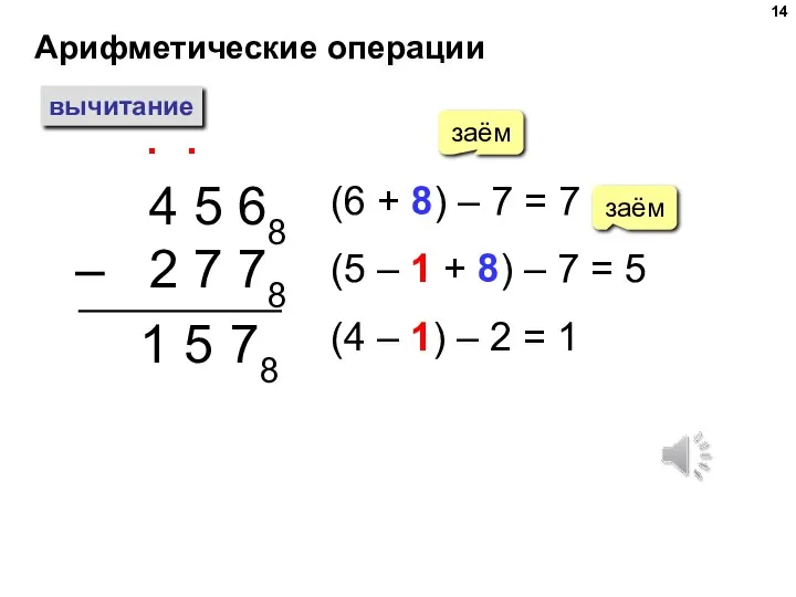 Арифметические операции вычитание 4 5 68 – 2 7 78 ∙ (6 +