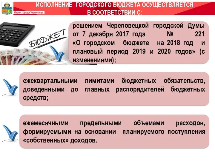 ИСПОЛНЕНИЕ ГОРОДСКОГО БЮДЖЕТА ОСУЩЕСТВЛЯЕТСЯ В СООТВЕТСТВИИ С: ежеквартальными лимитами бюджетных