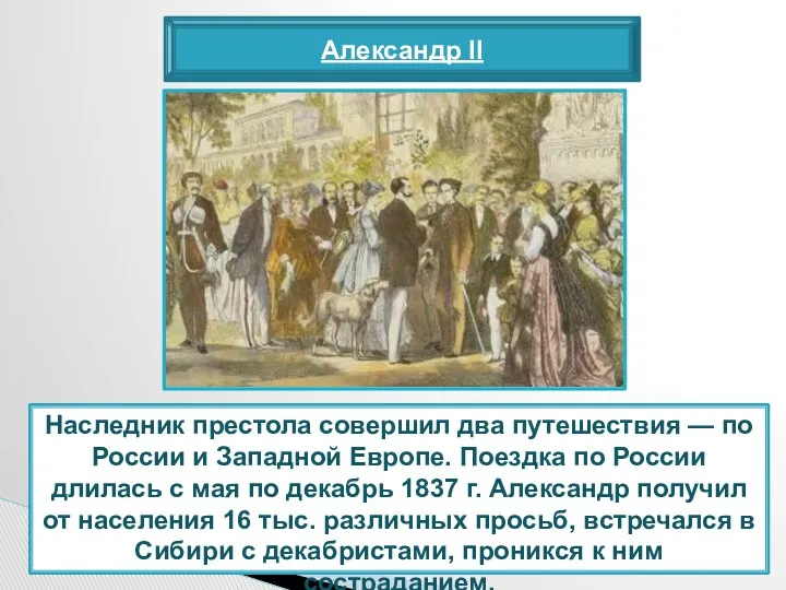 Александр II Наследник престола совершил два путешествия — по России и Западной Европе.