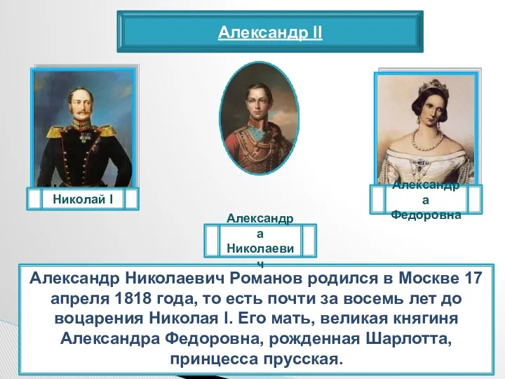 Александр II Александр Николаевич Романов родился в Москве 17 апреля 1818 года, то