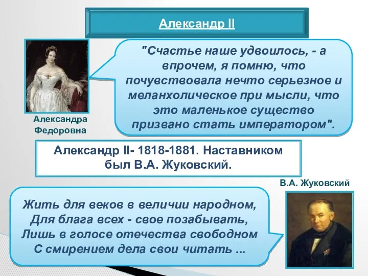 Александр II Александр II- 1818-1881. Наставником был В.А. Жуковский. "Счастье наше удвоилось, -