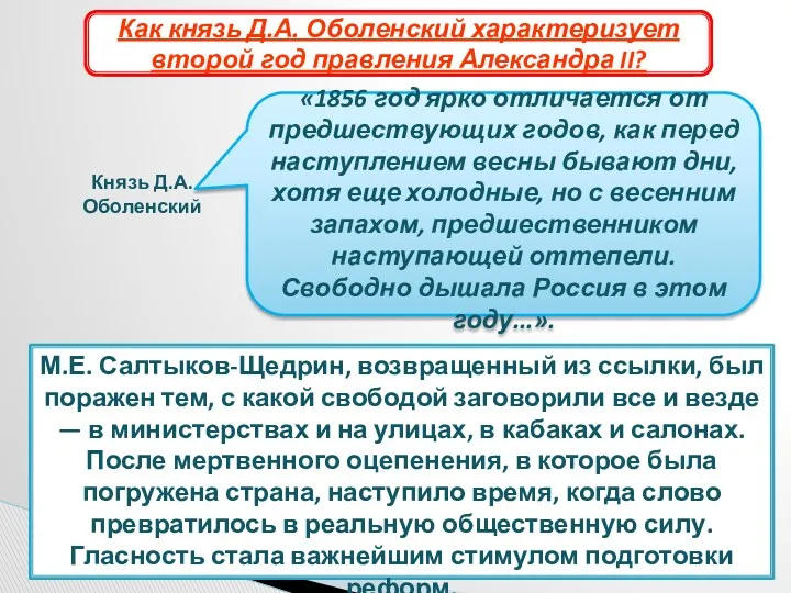 Российская «оттепель» М.Е. Салтыков-Щедрин, возвращенный из ссылки, был поражен тем,