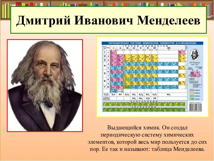 Дмитрий Иванович Менделеев Выдающийся химик. Он создал периодическую систему химических
