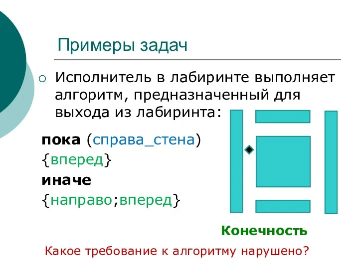 Примеры задач Исполнитель в лабиринте выполняет алгоритм, предназначенный для выхода